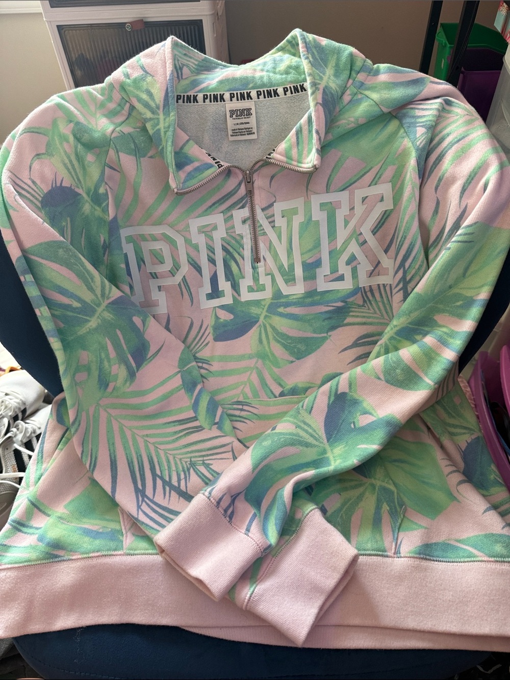 PINK Victoria's Secret Pastel Pink & Mint Tropical Half-Zip Sweatshirt
